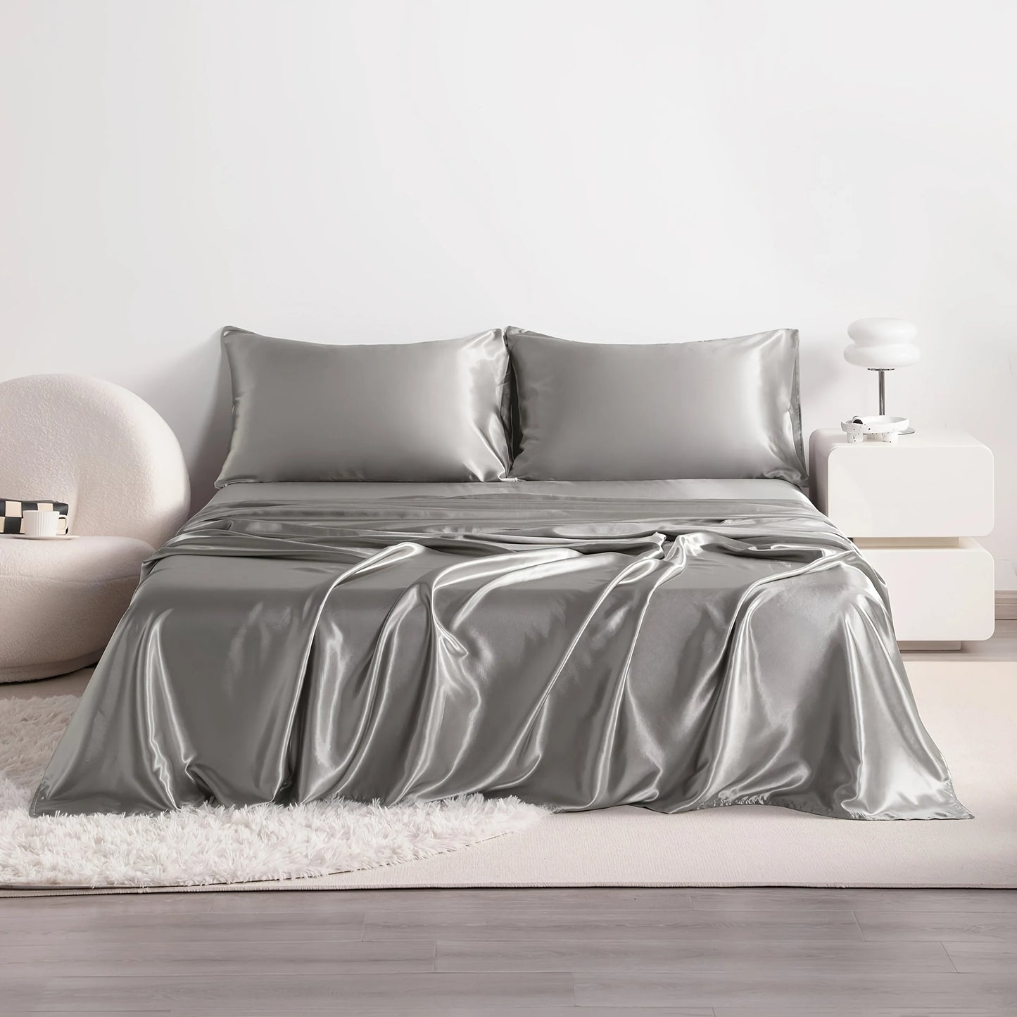 4pcs Cooling Satin Bed Sheet Set, Shrink-Resistant, Fade-Resistant, Hypoallergenic, Breathable, Flat Sheet & Fitted Sheet & Pill