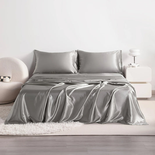 4pcs Cooling Satin Bed Sheet Set, Shrink-Resistant, Fade-Resistant, Hypoallergenic, Breathable, Flat Sheet & Fitted Sheet & Pill