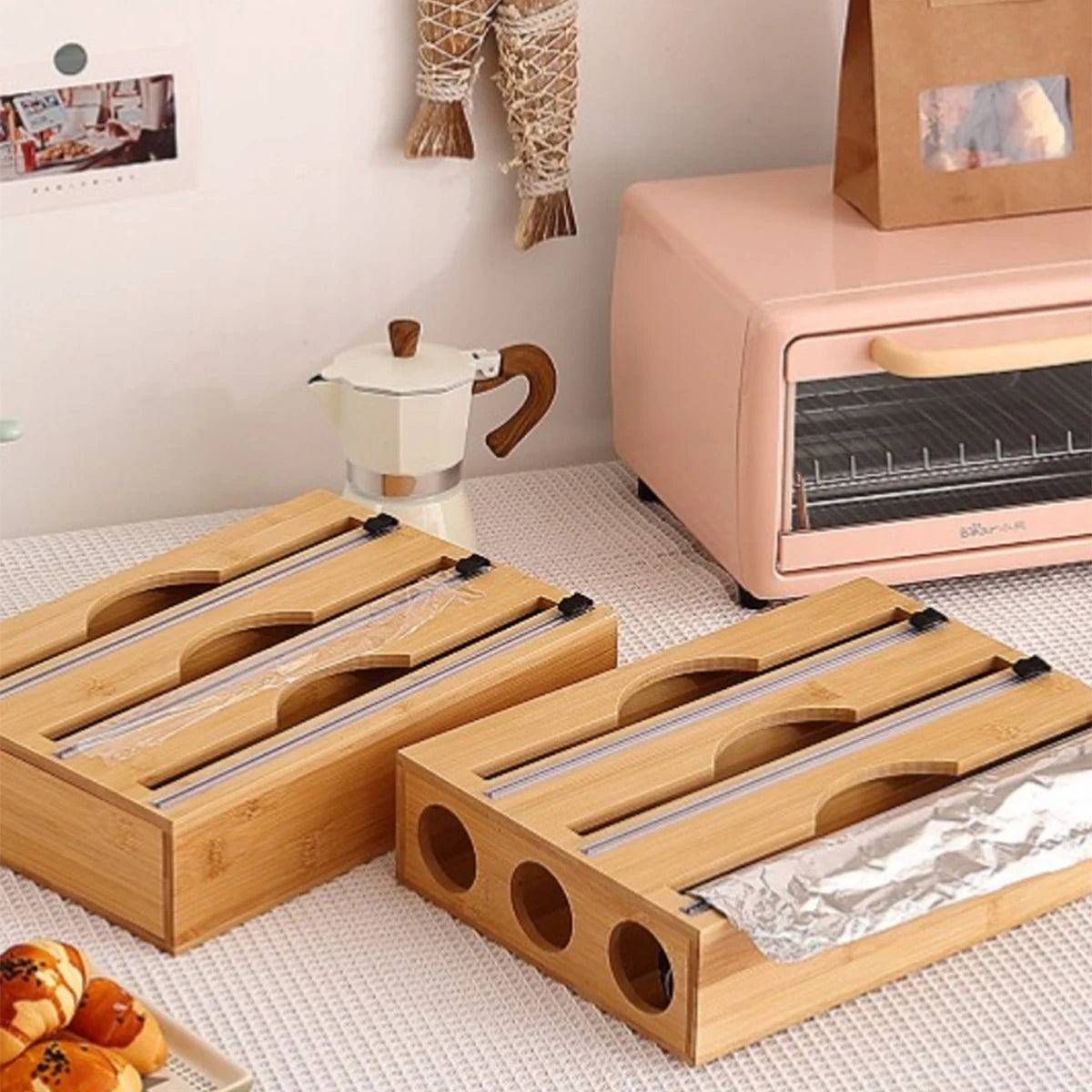 1pc Kitchen Wrap Dispenser Foil & Cling Film Cutter, Trash Bag & Plastic Bag Wooden storage.