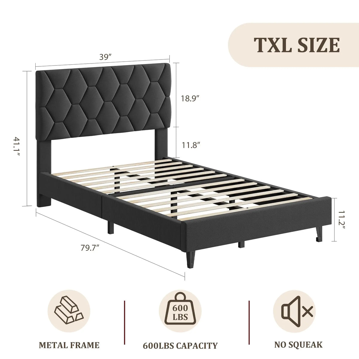 Twin XL Bed Frame Upholstered Platform Adjustable Headboard Quiet Heavy Duty No Box Spring Required
