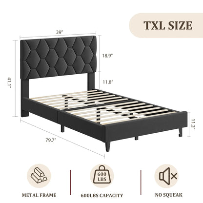 Twin XL Bed Frame Upholstered Platform Adjustable Headboard Quiet Heavy Duty No Box Spring Required