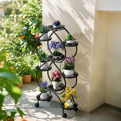 9-Potted Metal Tall Plant Stand with Wheels Flower Display