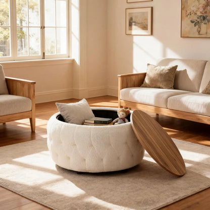 30 Inches Large Round Storage Ottoman, Coffee Table, Wooden Top, Soft Teddy Fabric