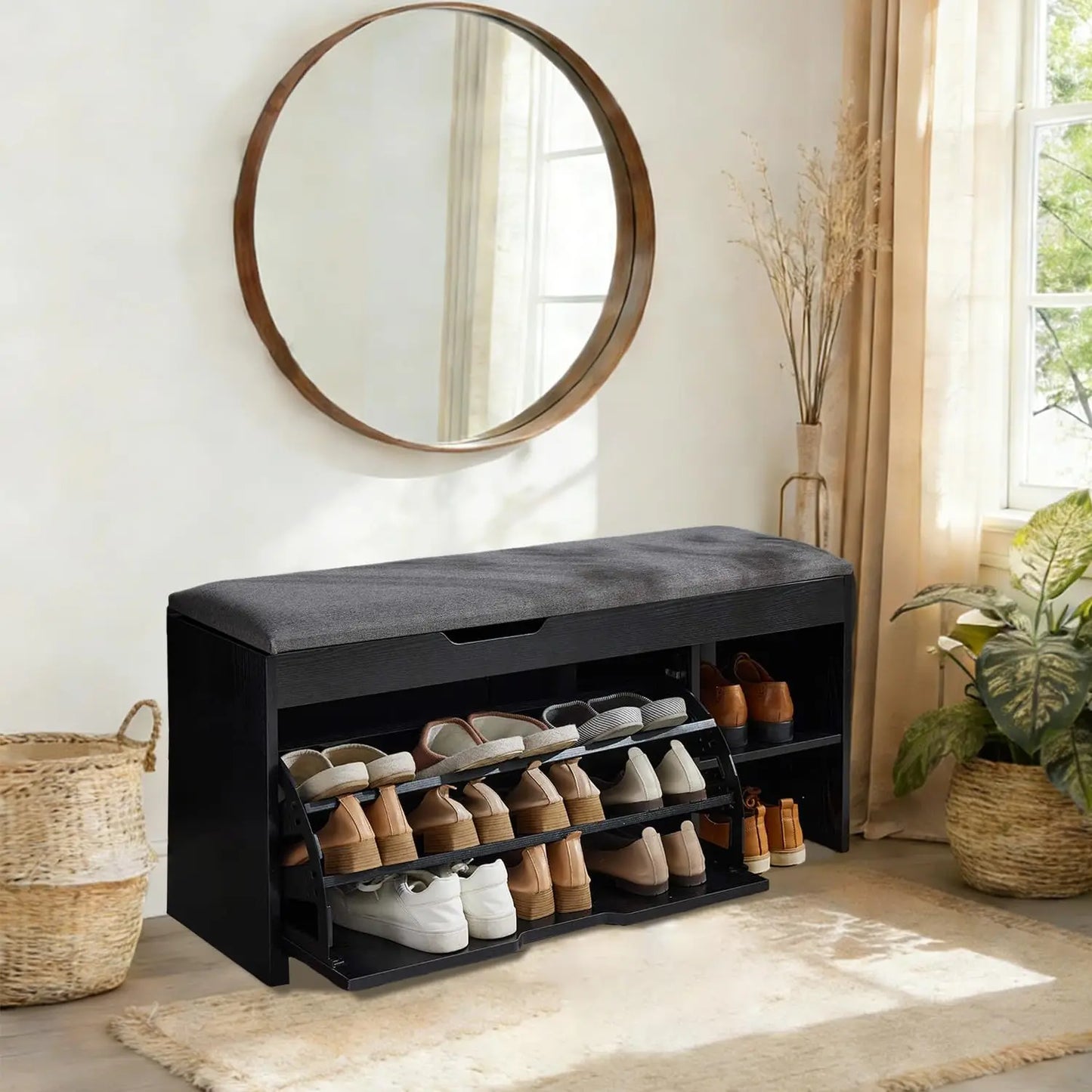 Shoe Storage entryway Bench with seat cushion Flip Drawers & Lift Top Storage Box,3-Tier Short Shoe