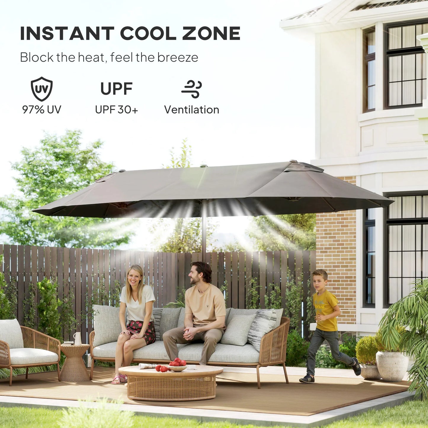 Extra Large 15' Patio Umbrella, Double-Sided Outdoor Pool Umbrella with Crank Handle, Gray
