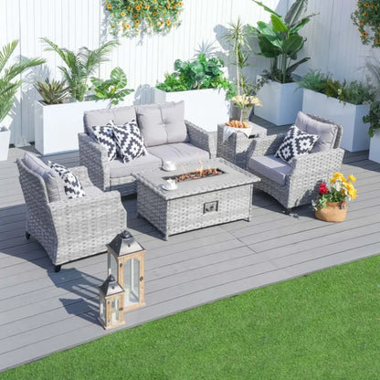 Outdoor wicker fire pit table with chairs: rattan material, weather-resistant and stylish