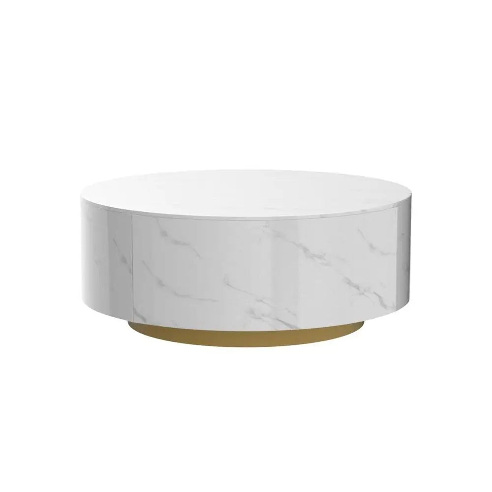 Round Coffee Table with 2 Drawers, Sintered Stone Tabletop and Golden Base, Center Table