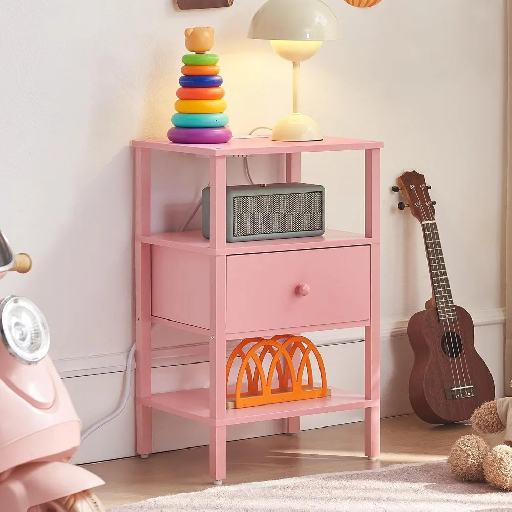 3-Tier Storage End Table with Drawer Shelf, Nightstand with charging station