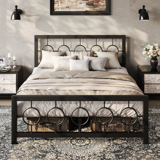 Metal Platform Bed Frame with Vintage Circular Design Headboard and Footboard,