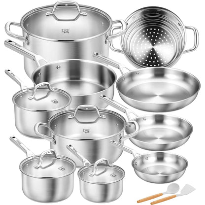 Stainless Steel Cookware Set 17 Piece, Pots and Pans 5-Layer Base, Oven & Induction Safe