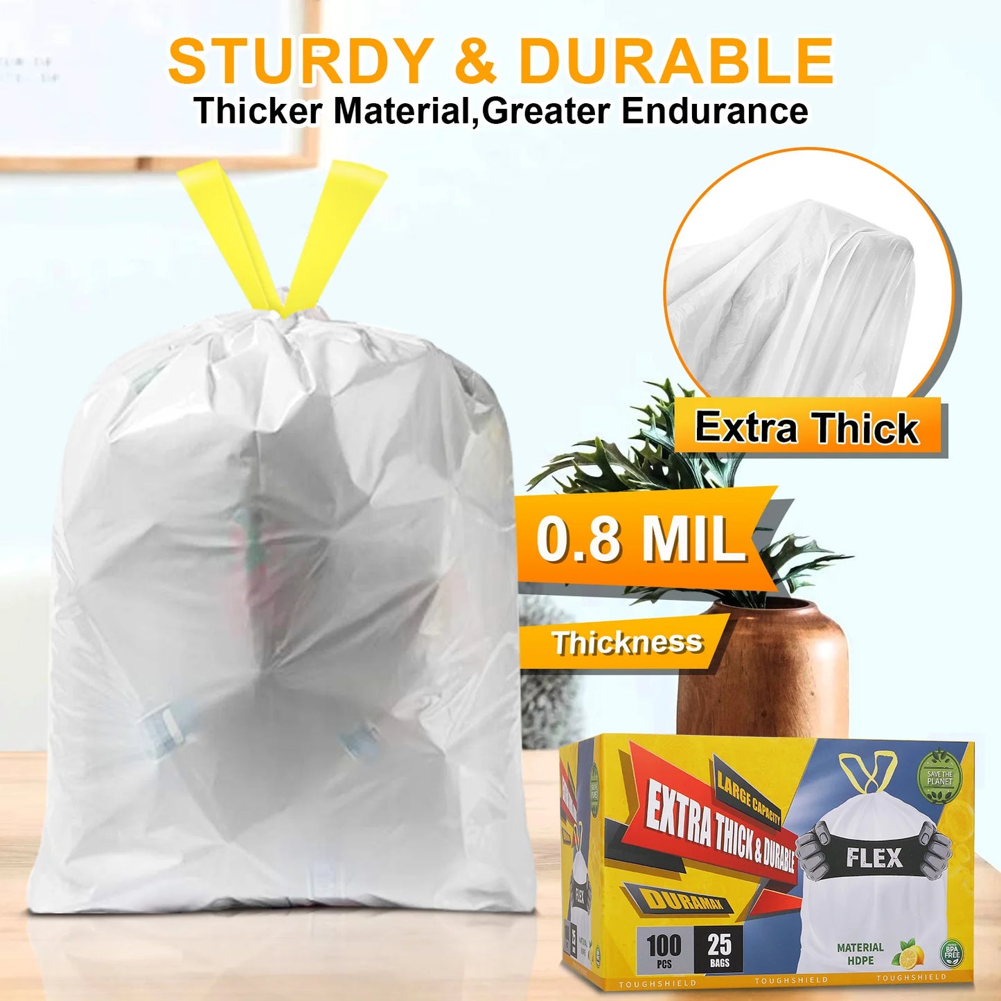 100PCS Household Trash Drawstring Bags 13 Gallon Strong Large