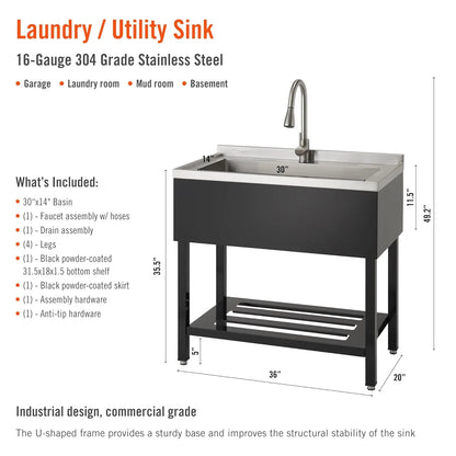 Stainless Steel Utility Sink with Pull-Out Faucet, 36"x20"x49.2”