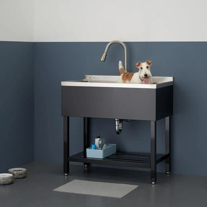 Stainless Steel Utility Sink with Pull-Out Faucet, 36"x20"x49.2”