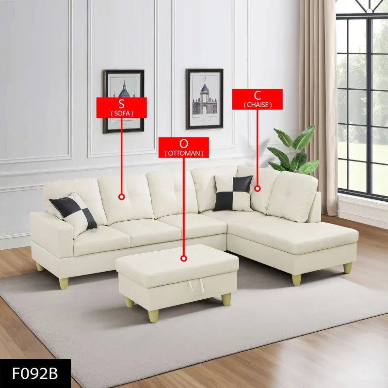White Faux Leather 3-Piece Couch Living Room Sofa Set