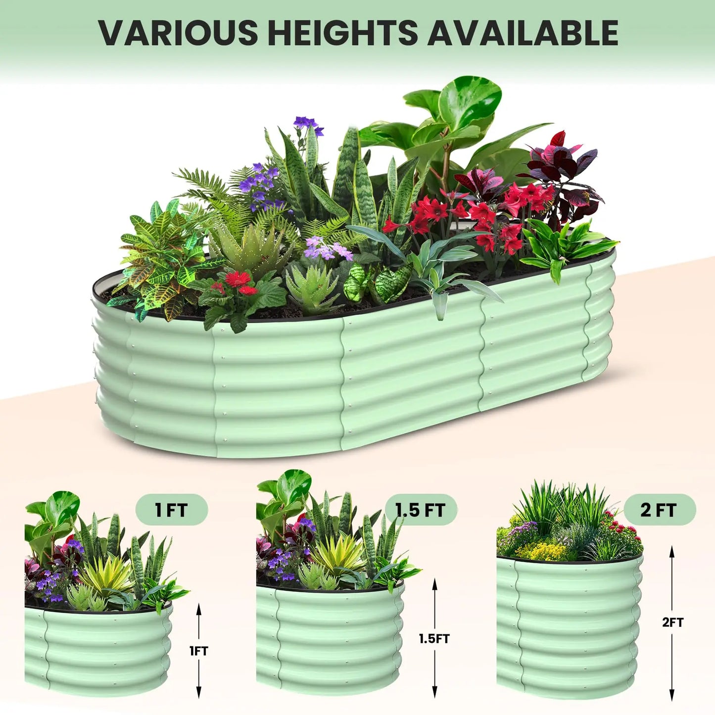 2-Pack Oval Galvanized Steel Raised Garden Bed Open Base Safety Edge Metal Plant