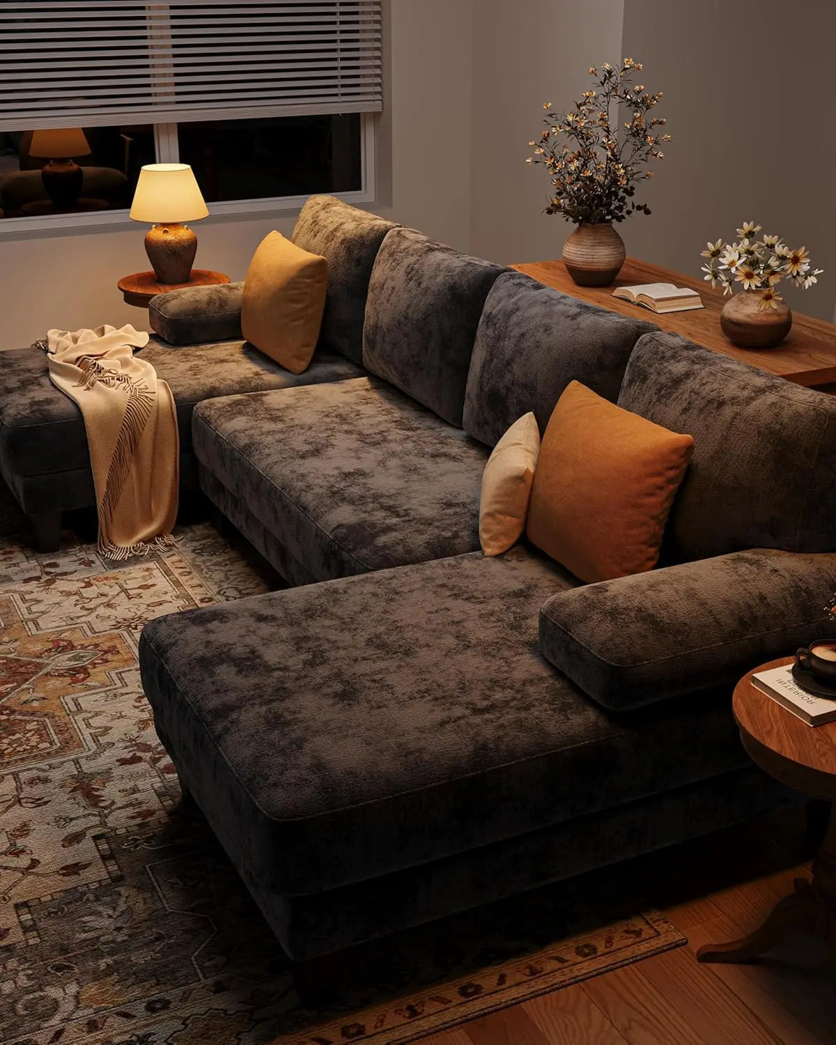 U-Shaped Sectional Sofa with Double Chaise Dark Grey Sectionals