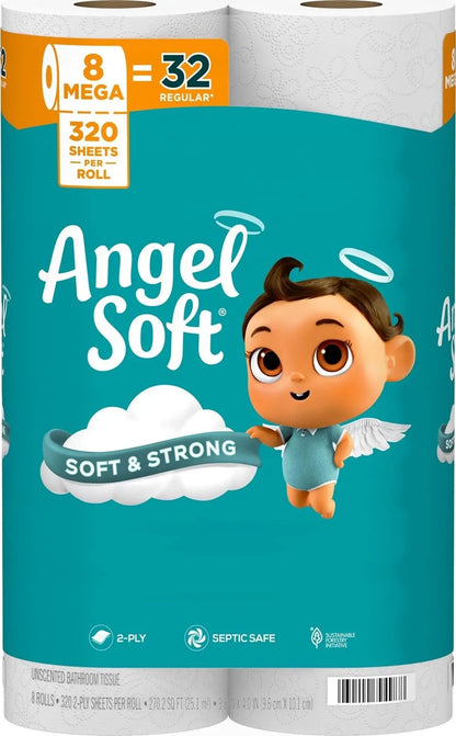 Angel Soft Toilet Paper, Pack-6Mega Rolls = 24Regular Rolls, Soft and Strong Cleaning Supplies, Buy One Get One Free