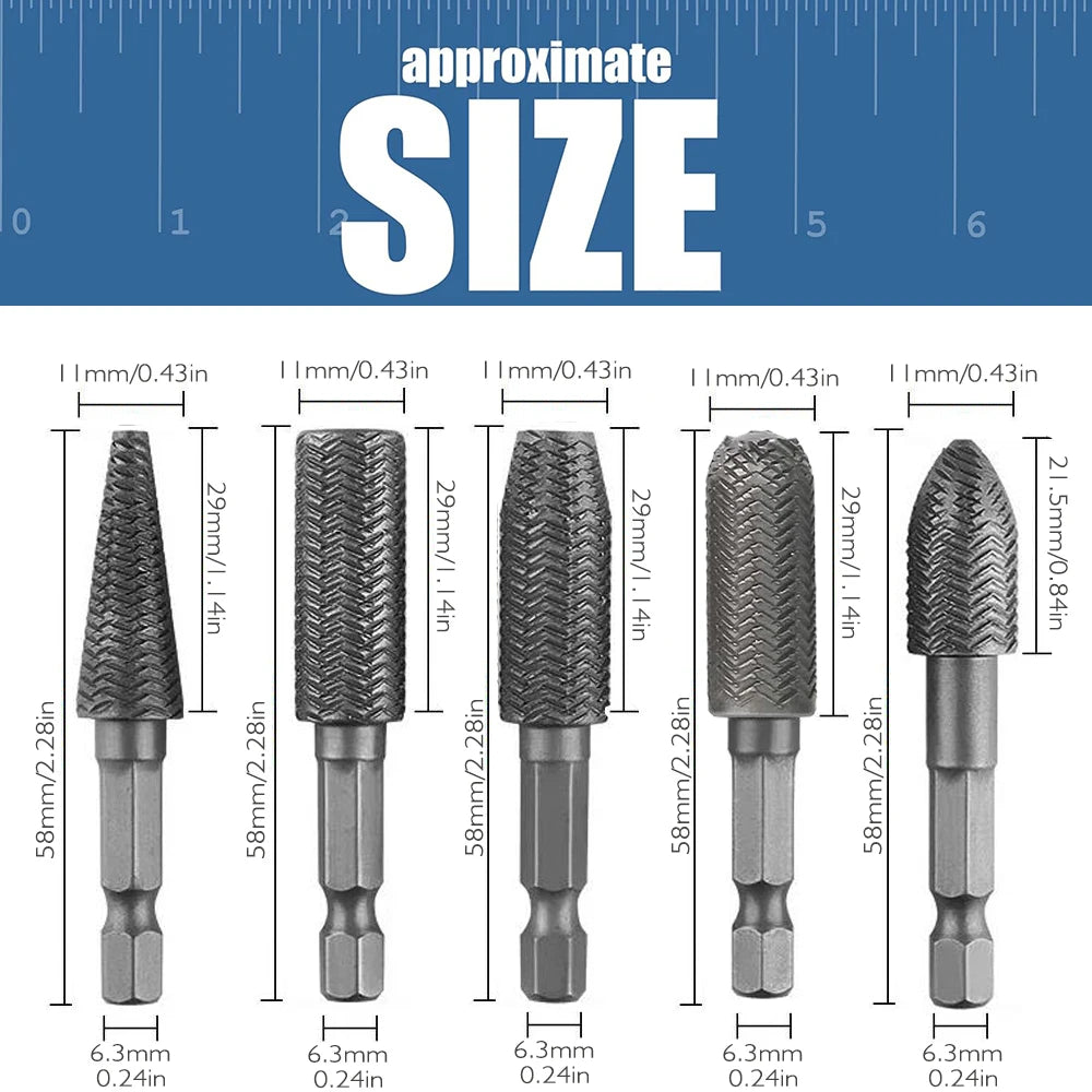 5pcs Hex Shank Rotary Steel File Set for Drilling, Grinding, Sanding & Engraving