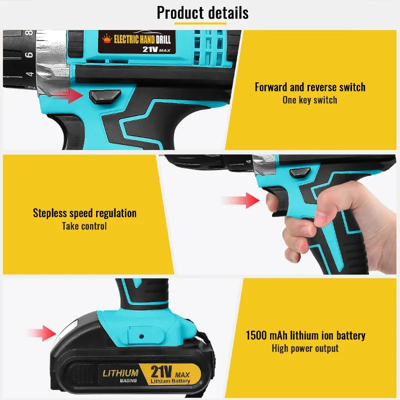 21V Cordless Drill Set with Multi-Function Electric Screwdriver High-Power Rechargeable Combination Tool