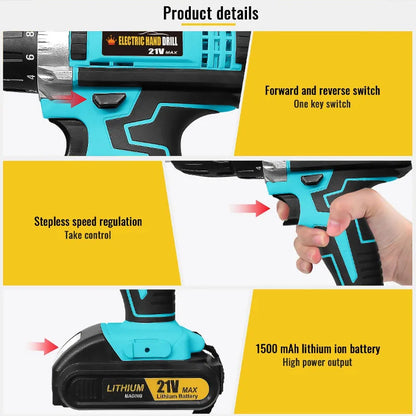 21V Cordless Drill Set with Multi-Function Electric Screwdriver High-Power Rechargeable Combination Tool