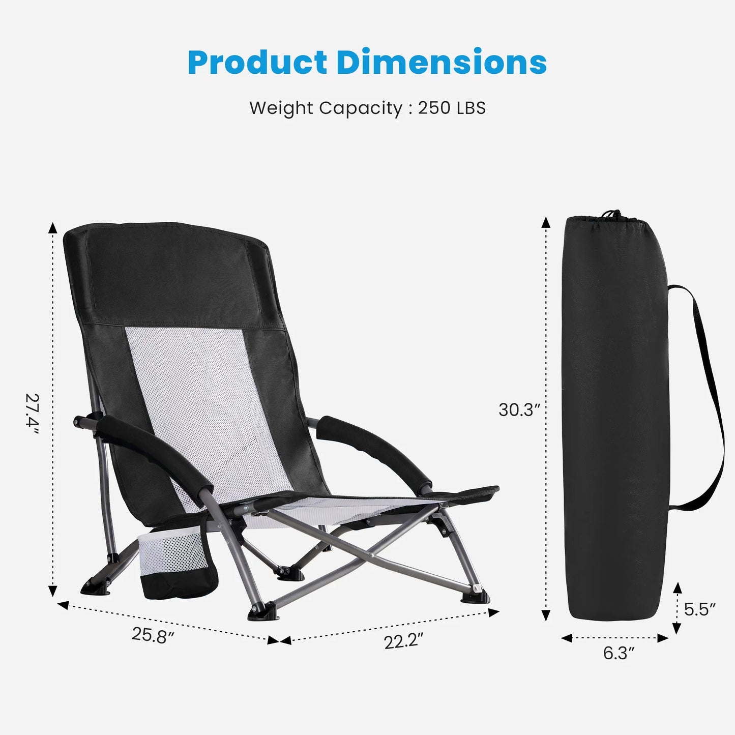 Outdoor Folding Low Beach Chair Collapsible Padded with Cup Holder Storage Bag Mesh Back