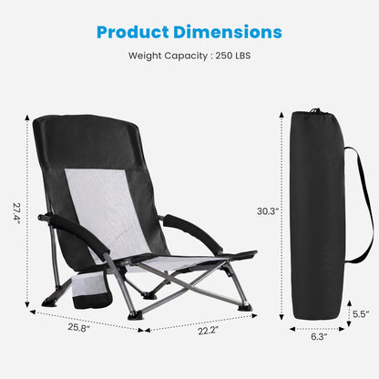 Outdoor Folding Low Beach Chair Collapsible Padded with Cup Holder Storage Bag Mesh Back