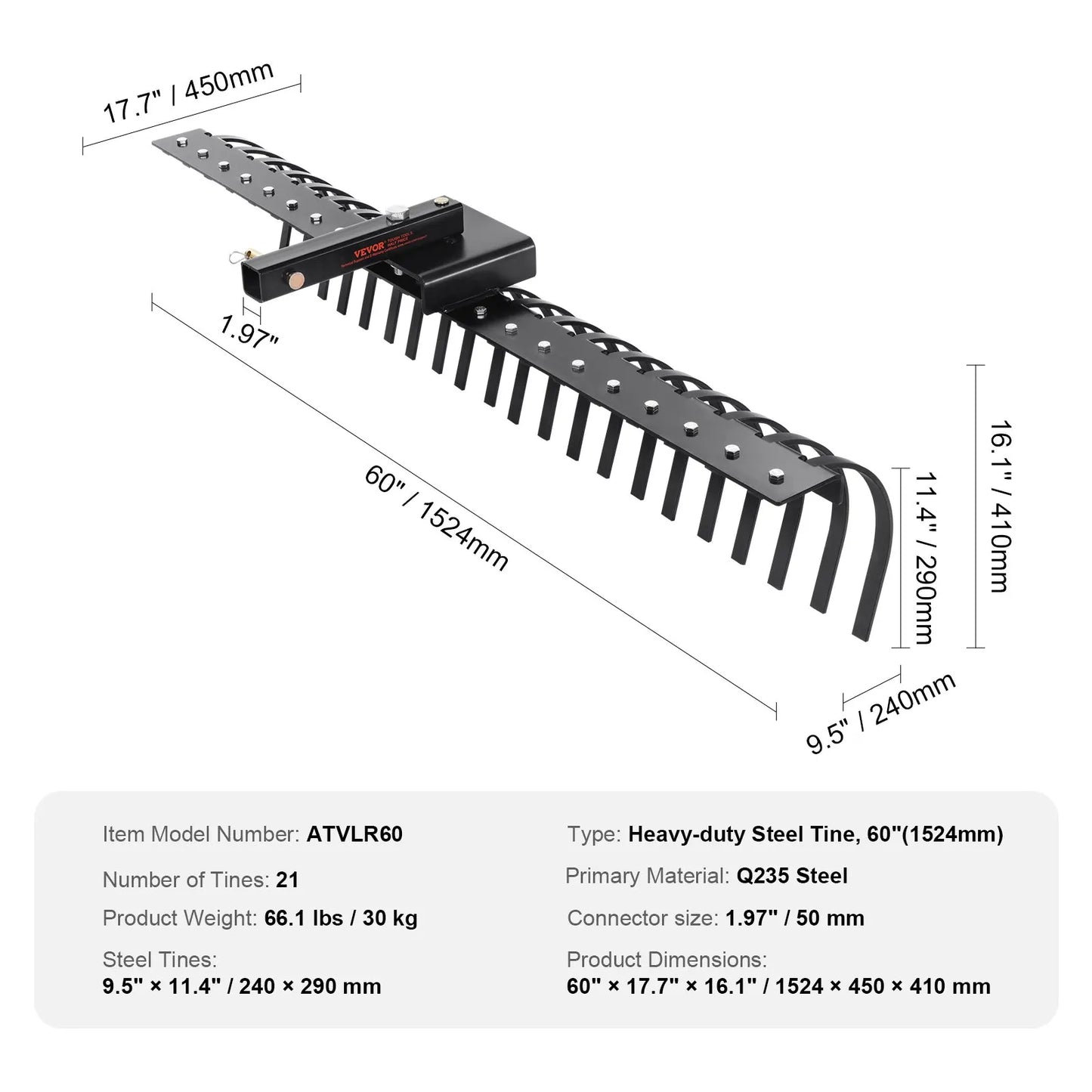 Tow Behind Landscape Rake, Tow Dethatched With 21 Steel Coil Tines, Lawn Attaches Toolbars And 3-point