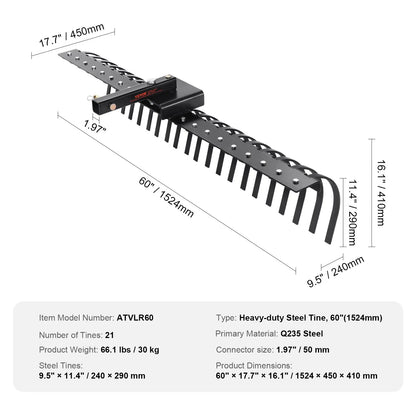 Tow Behind Landscape Rake, Tow Dethatched With 21 Steel Coil Tines, Lawn Attaches Toolbars And 3-point