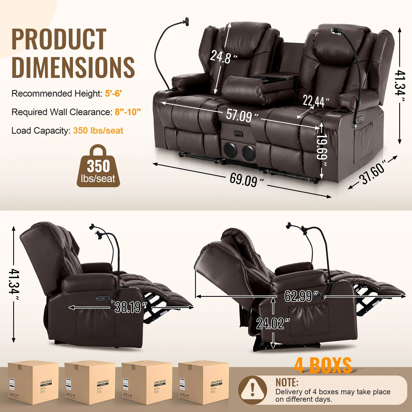 Redlife Loveseat Electric Recliner Sofa for Seniors, Massage & Heat Capacity,Cat-Claw Leather.