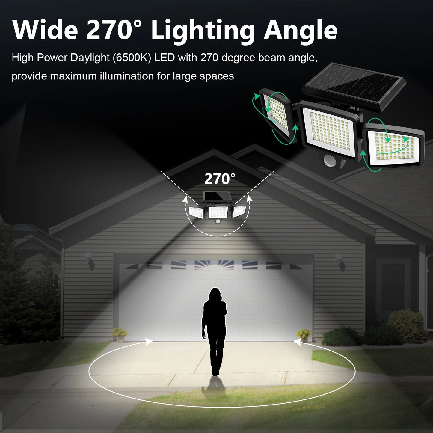 3-Head Solar Outdoor Light, Motion Sensor Security Light with Wireless Remote Control