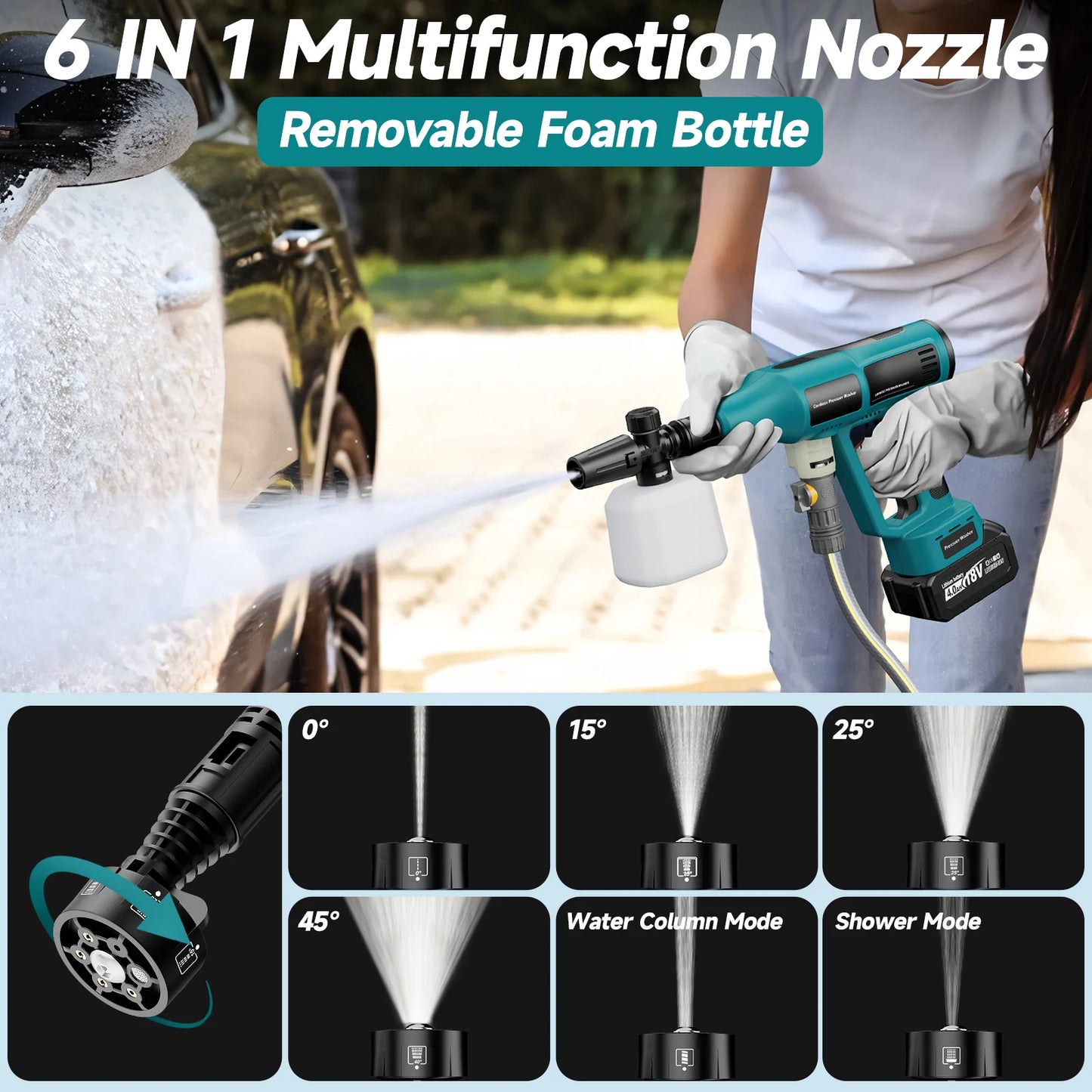 Cordless Pressure Washer, 6-in-1 Nozzle 700PIS Handheld Portable Battery & Charger for Car