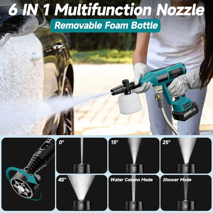 Cordless Pressure Washer, 6-in-1 Nozzle 700PIS Handheld Portable Battery & Charger for Car