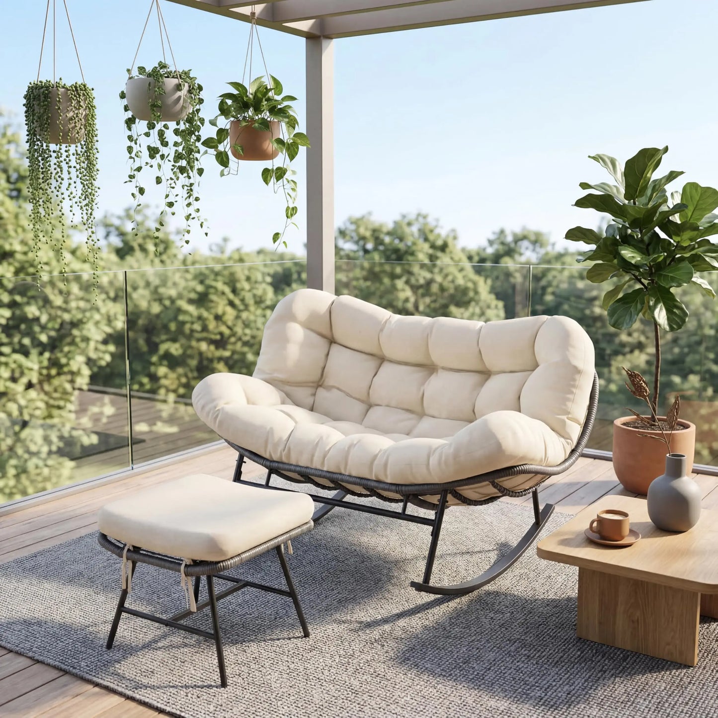 Patio egg Rocking Chair Set with Ottoman Double Wicke Indoor, Outdoor Lounge Chair