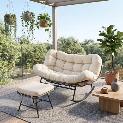 Patio egg Rocking Chair Set with Ottoman Double Wicke Indoor, Outdoor Lounge Chair