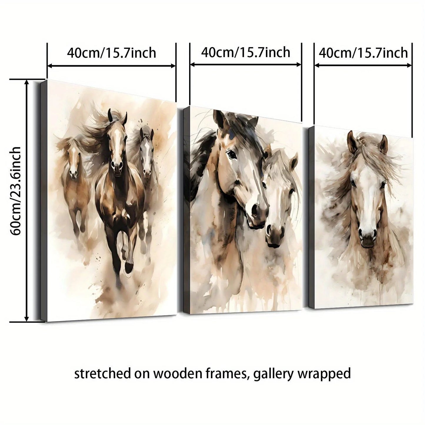 Frameless3pcs Wood Frame Minimalist Horse Pair Print, Two Horses Charcoal Sketch Abstract Equestrian