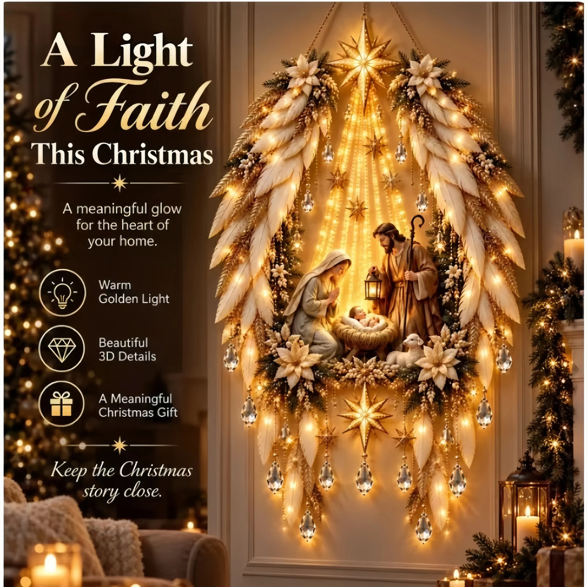 Christmas Lighted Nativity Wall Ornament LED Glowing Hanging Decoration