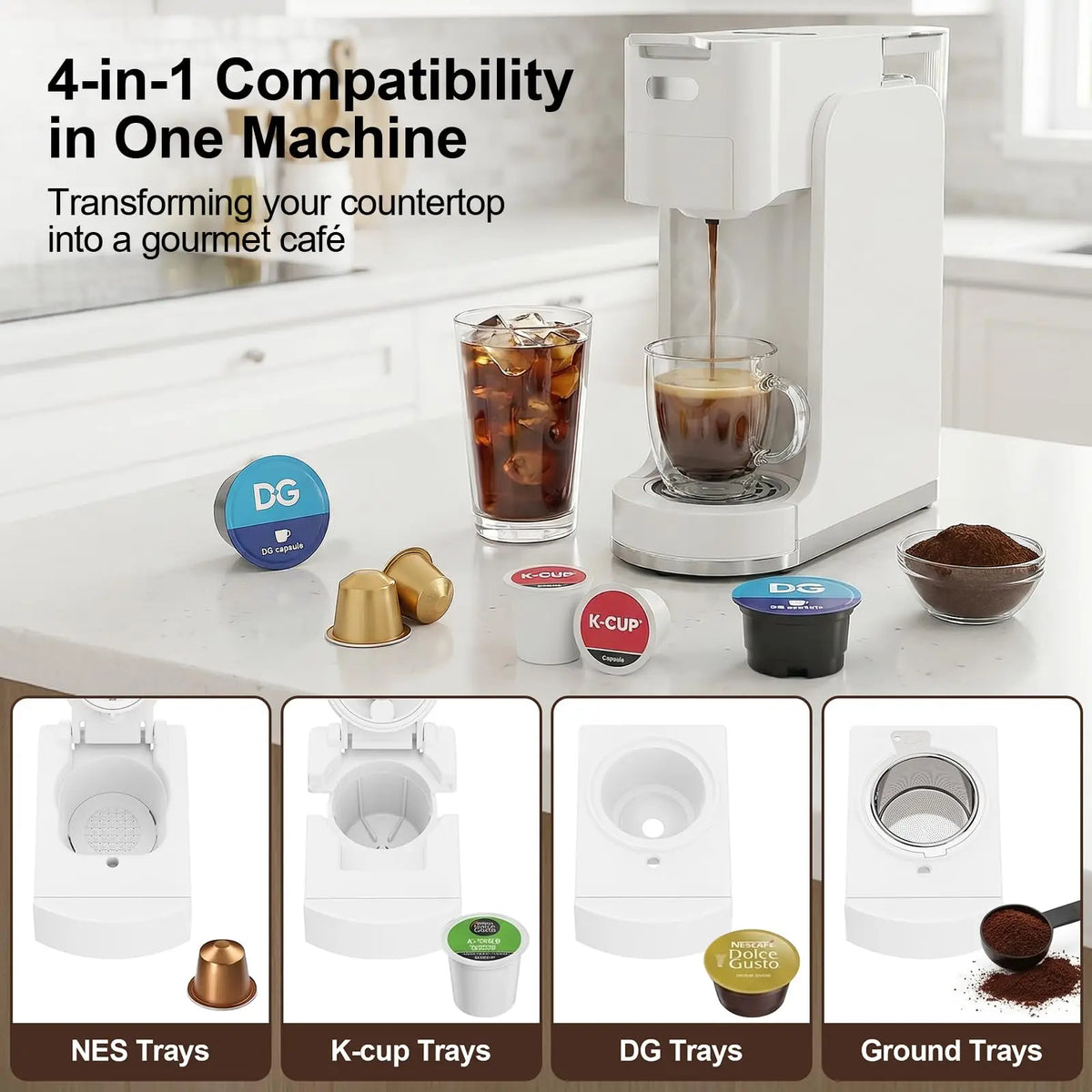 Single-Serve Coffee Maker, 4 in 1 Hot and Iced Coffee Machine, K-Cup Pod, NES Original DG Pod, Customizable Brew Volume, Heats up in 3 Seconds