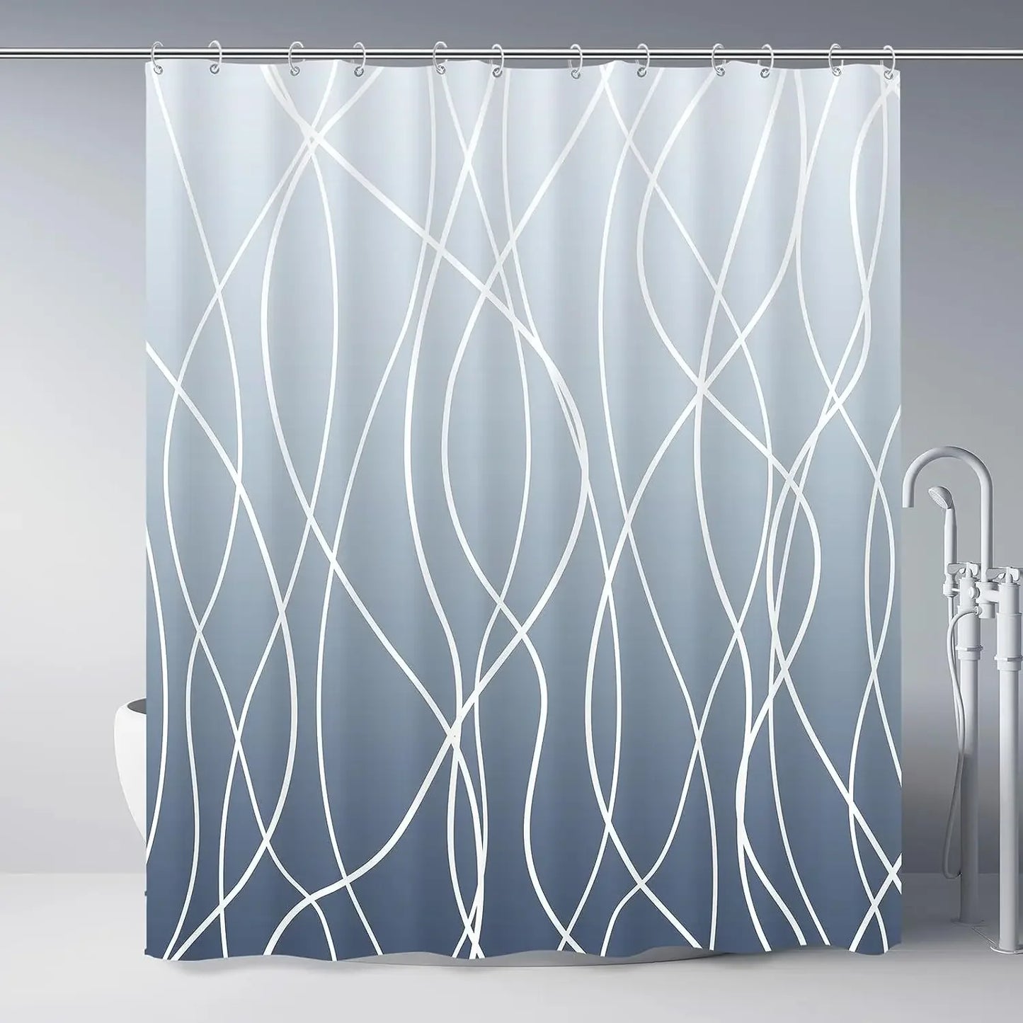 unframed Modern black and white striped corrugated fabric bathroom shower curtain.
