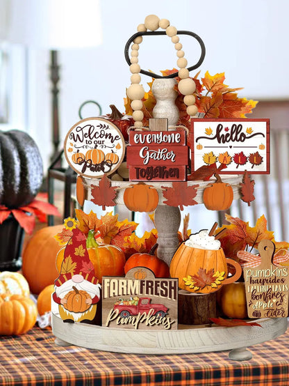 Fall Harvest Wooden Tiered Tray Decor Set