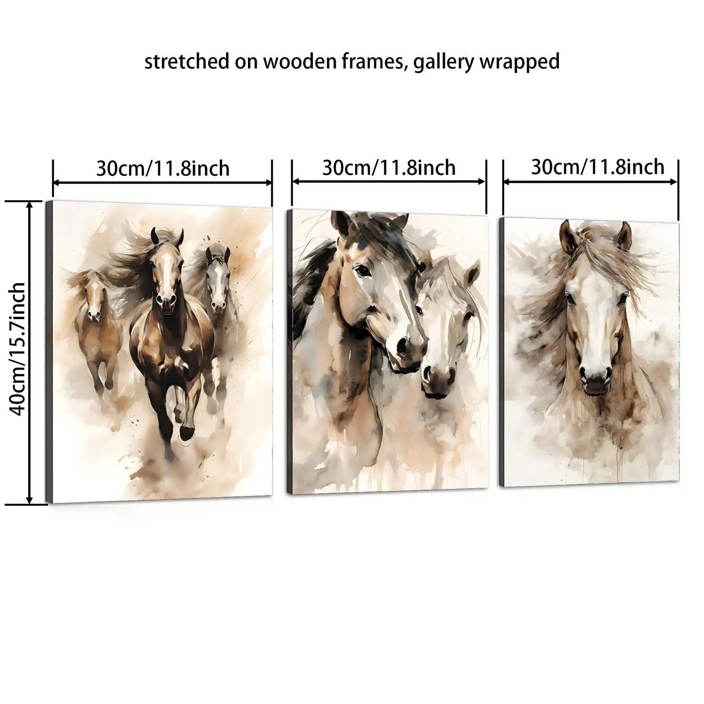 Frameless3pcs Wood Frame Minimalist Horse Pair Print, Two Horses Charcoal Sketch Abstract Equestrian
