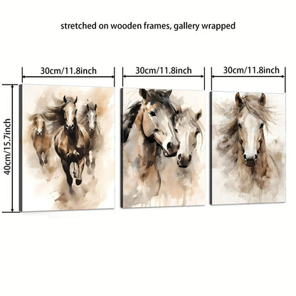 Frameless3pcs Wood Frame Minimalist Horse Pair Print, Two Horses Charcoal Sketch Abstract Equestrian