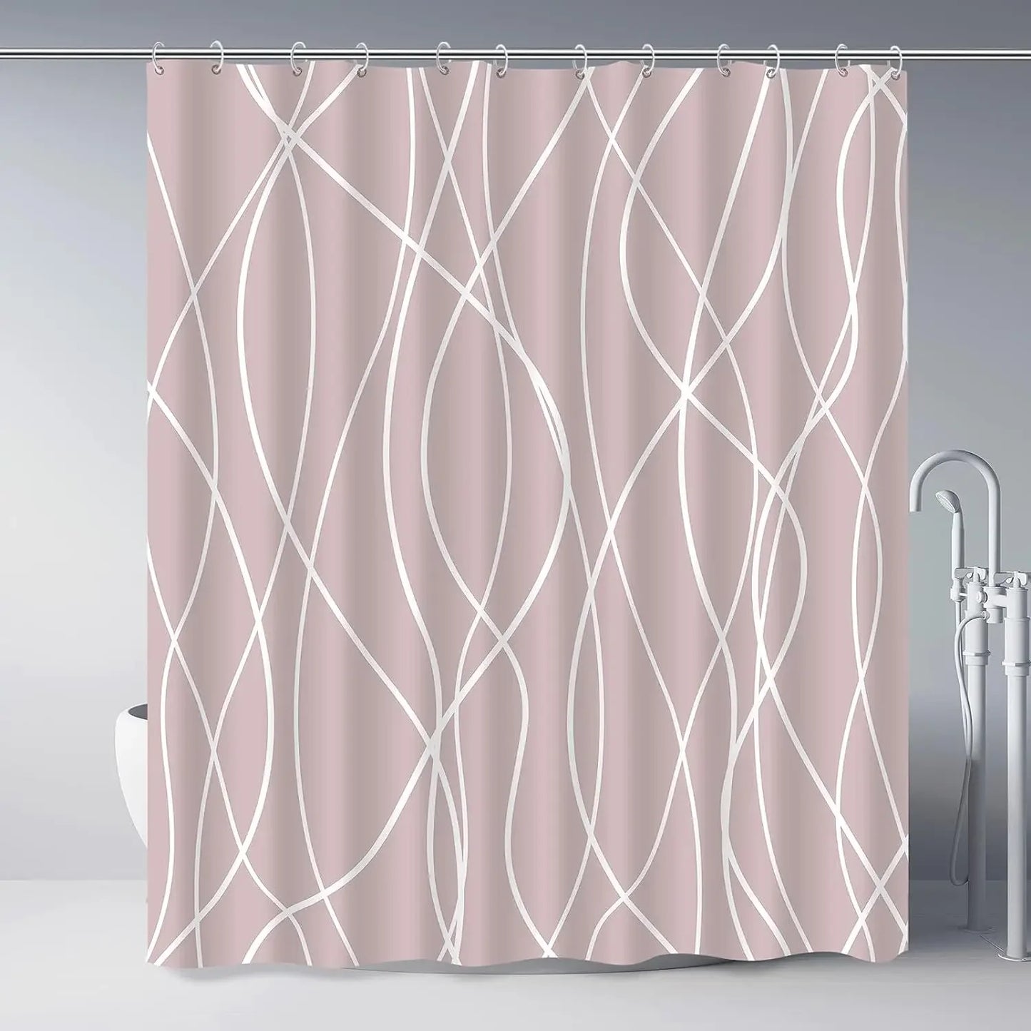 unframed Modern black and white striped corrugated fabric bathroom shower curtain.