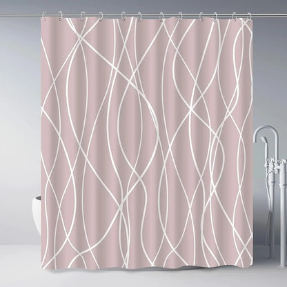 unframed Modern black and white striped corrugated fabric bathroom shower curtain.