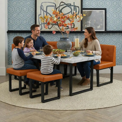 L-Shaped Booth Dining Table Set, Bench Seating or 6, Space Saving Dining
