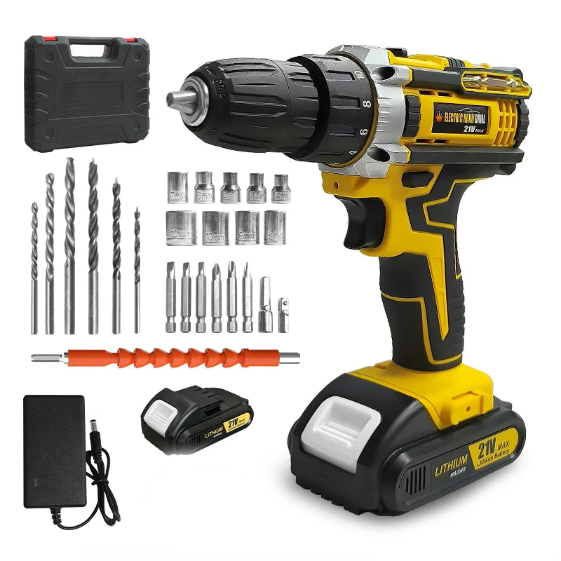 21V Cordless Drill Set with Multi-Function Electric Screwdriver High-Power Rechargeable Combination Tool