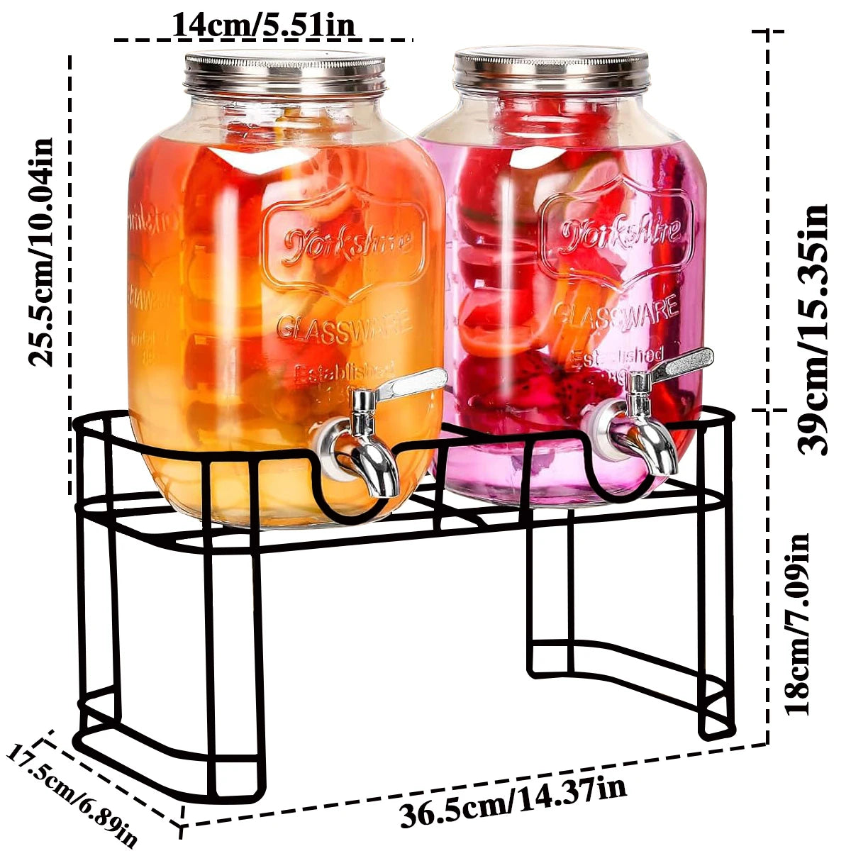 Drink Dispenser 2 Packs 1 Gallon Glass with Stand and Stainless-Steel Faucet Party