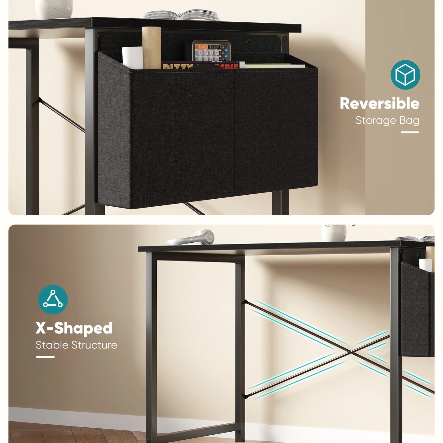 Computer Office Desk Writing Study Gaming Table with Storage Bag Metal Frame Wood Tabletop Easy Assembly