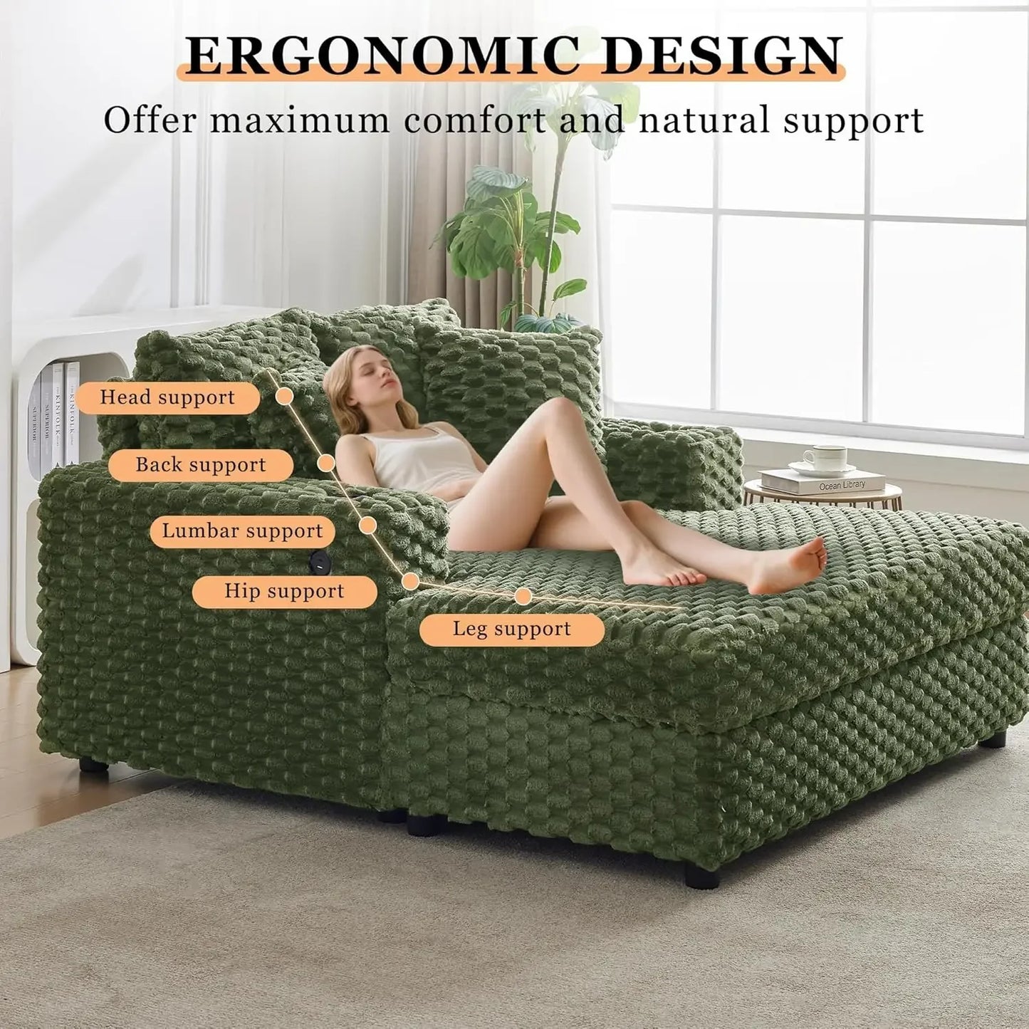 Oversized Chaise Lounge Chair Indoor, Modern Upholstered Cozy with Throw Pillows and Armrests