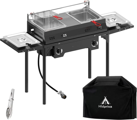 Outdoor Propane Deep Fryer with Cover, Tongs, Dual-Tank Commercial Fryer, 2x8QT Stainless Steel Pots with Baskets & Lids,