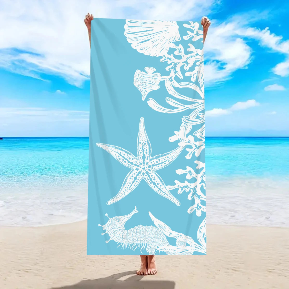 1pc ocean element beach towel, shell starfish printed large beach towel